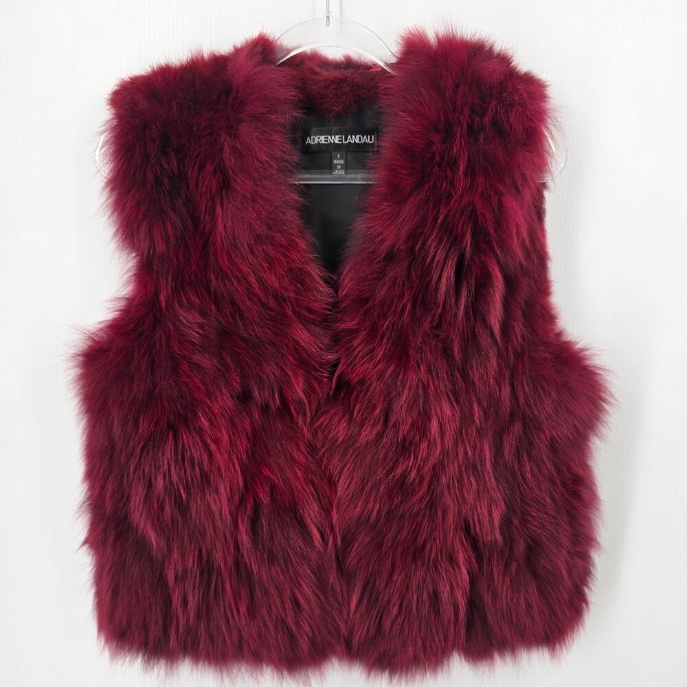 Adrienne Landau Real Rabbit Fur Vest Burgundy Wine Hook Eye  Size S